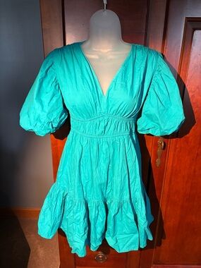Puff-Sleeve Mini Dress in Turquoise